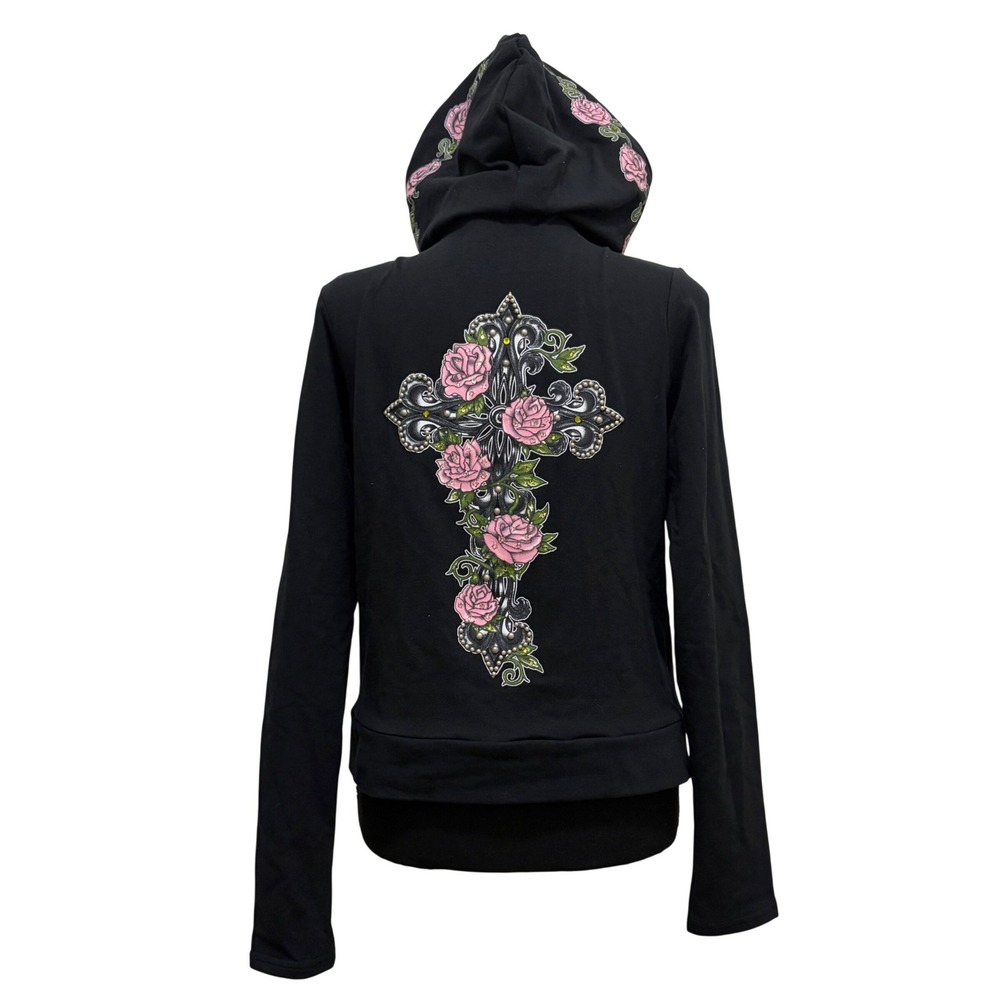 NEW Bejeweled Susan Fixel Swarovski Hoodie Sweatshirt S M L Cross Roses VTG Y2K
